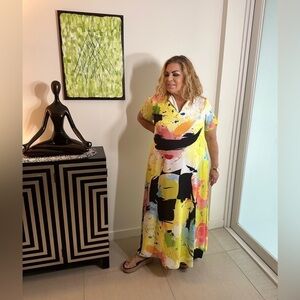 Contemporary Print  Long Dress with V neck.  Fits Medium and Large